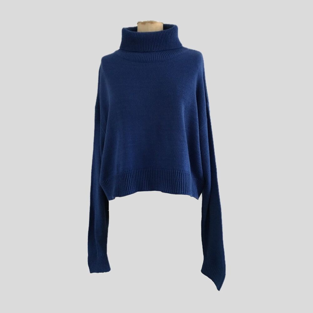 H&M Bright Blue Long Sleeve Cropped Knit Turtleneck Sweater Women's Size S